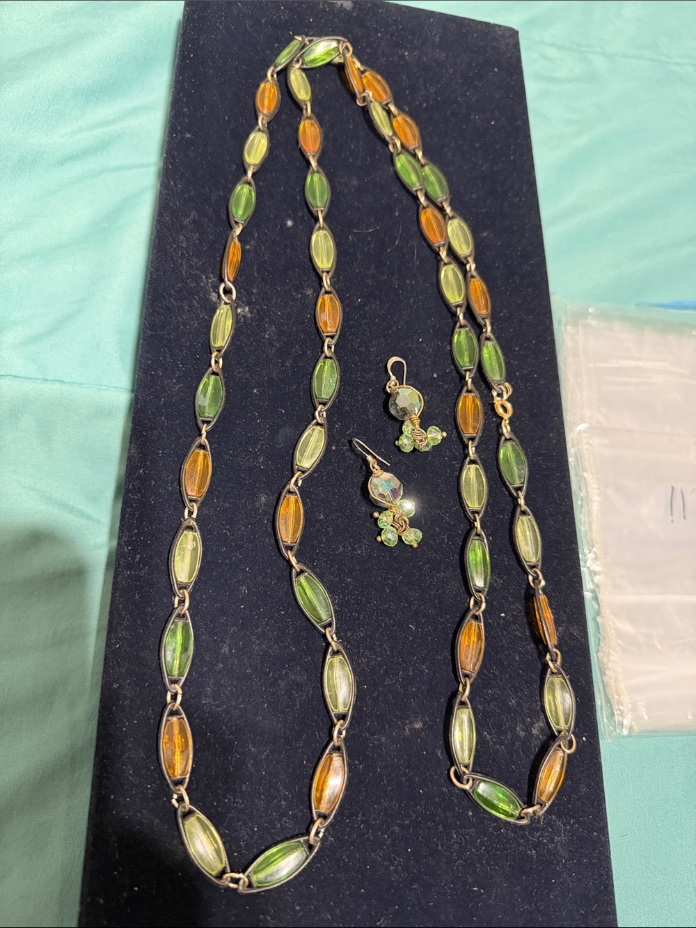 Green & Amber Glass Link Necklace with Matching Earrings